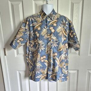 Vintage Campia 100% Cotton Button Down Light Blue Tan Hawaiian Shirt‎ Mens L